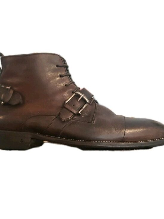 John Varvatos Boots Fleetwood Handmade Italy Leather Buckle Zip Brown Sz 11